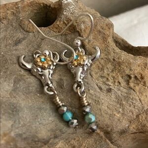 NEW Handmade Silver and Gold Tone Bull Skull Earrings